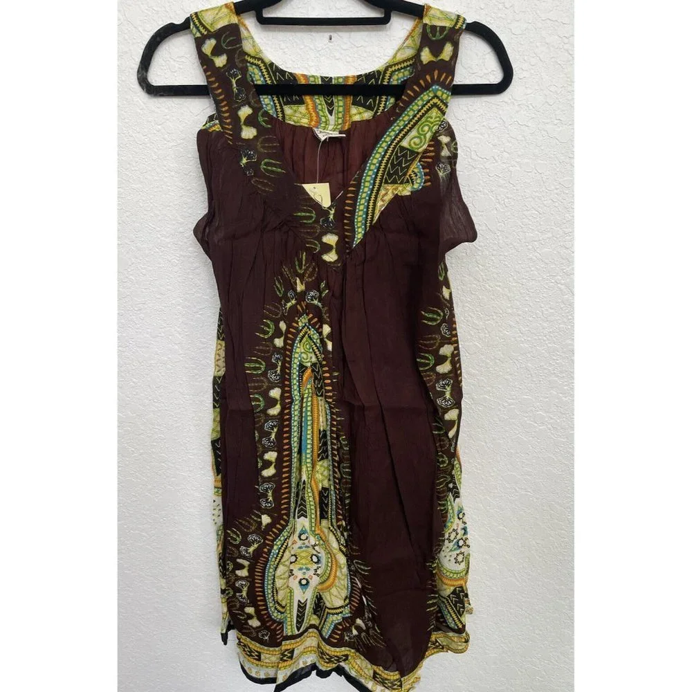 African Dashiki Print Short Sleeveless Sundress One Size Dark Brown